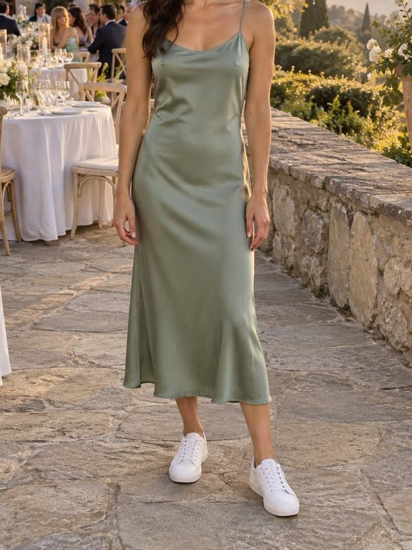 A sage-green satin slip midi dress with clean white low-top sneakers for a wedding guest, scored 80 by ATE (AI-generated model).
