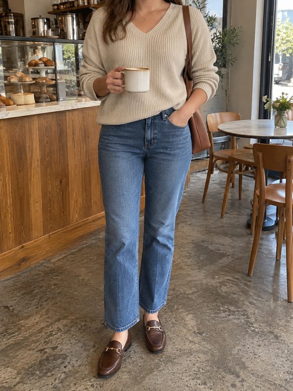 Example outfit cropped below the face: an oatmeal ribbed V-neck sweater, straight-leg blue jeans, brown horsebit loafers and a tan tote.