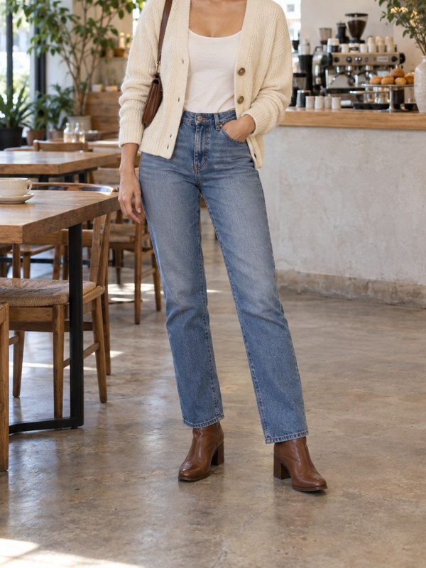 Example outfit cropped below the face: a cream cardigan, white tank, straight blue jeans and brown ankle boots in a coffee shop.