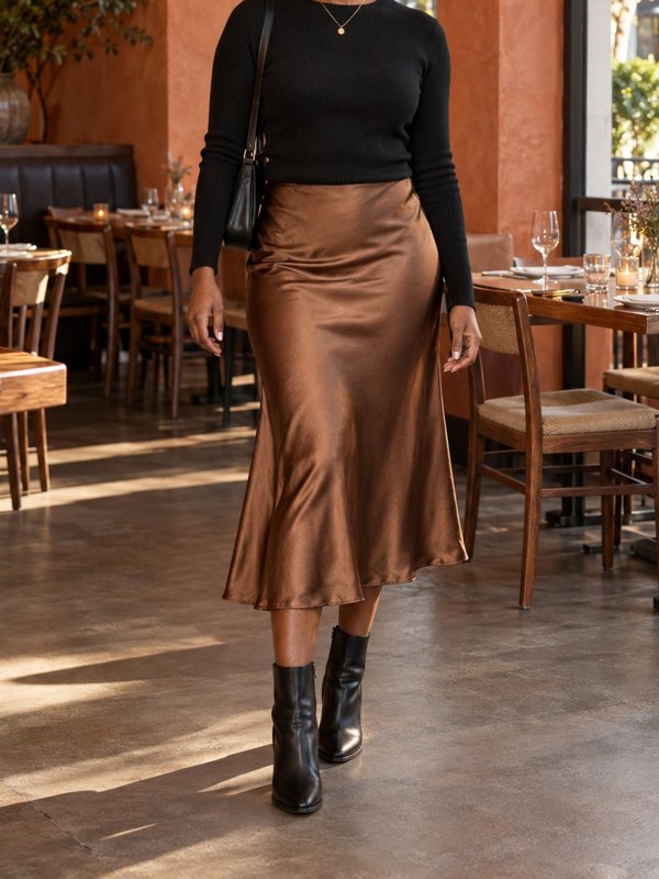 Example outfit cropped below the face: a black fitted sweater, copper satin midi skirt and black ankle boots in a restaurant.