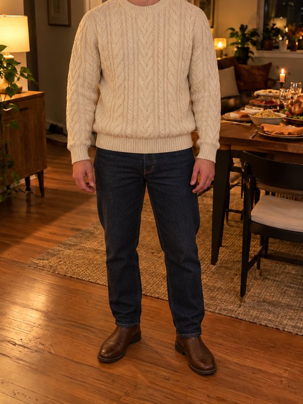 Example outfit cropped below the face: a cream cable-knit sweater, dark jeans and brown leather boots in the same dining room.