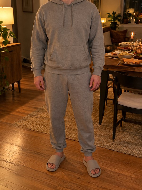 Example outfit cropped below the face: a grey hoodie, grey joggers and grey slides in a dining room set for Friendsgiving.