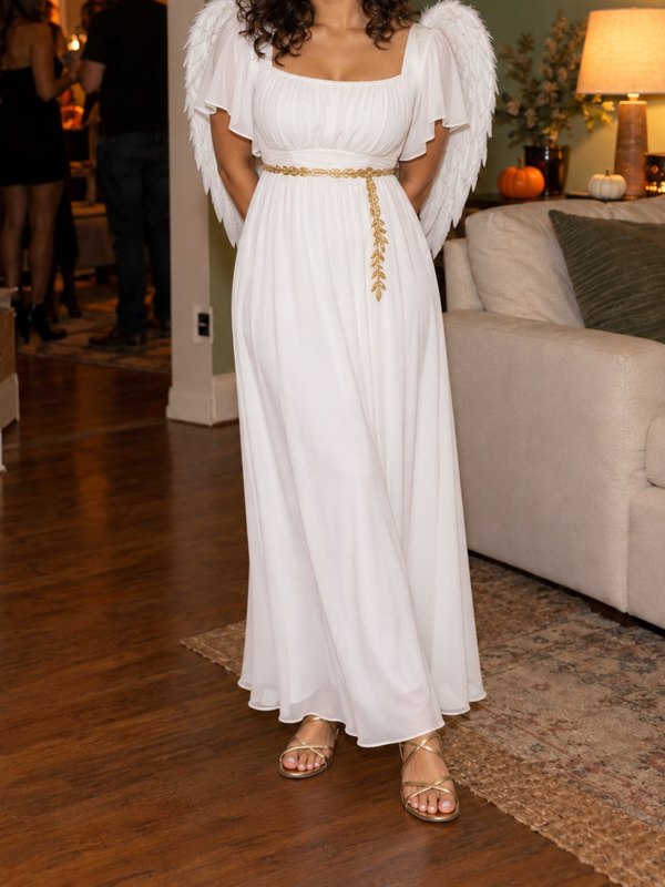 Example Halloween costume cropped below the face: a flowing white dress, feathered wings, halo and gold accents.