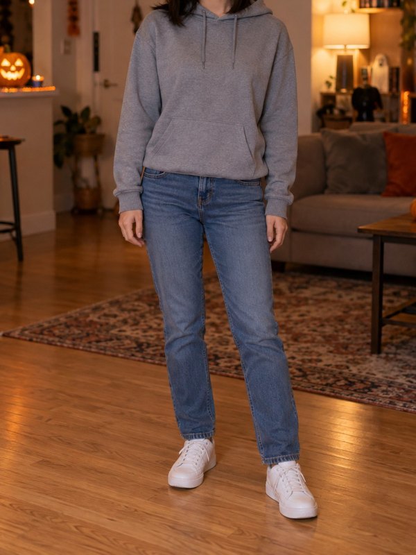 Example Halloween costume cropped below the face: cat ears with a grey hoodie, blue jeans and white sneakers.