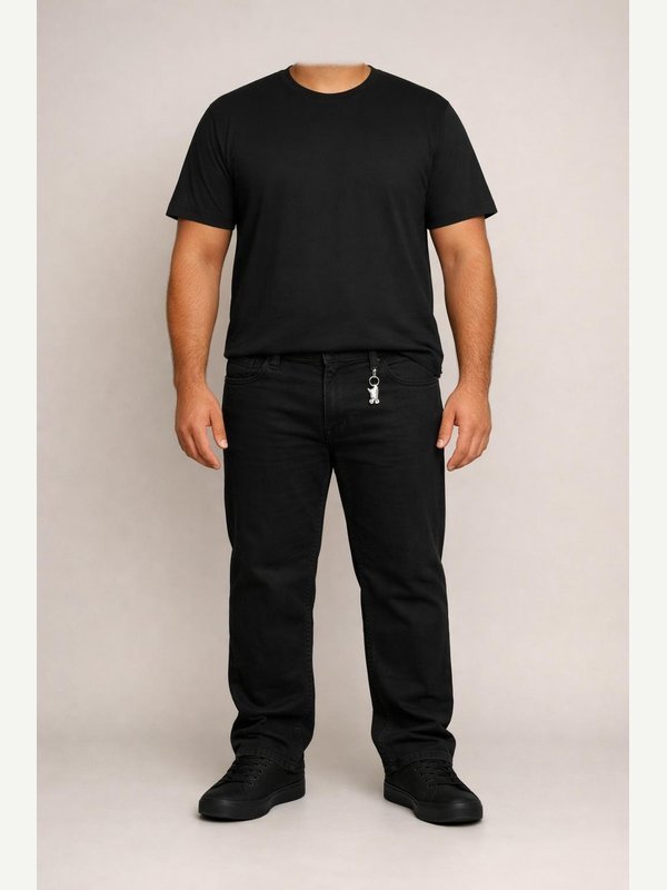 Men’s black cat A — AI-generated adult in black tee, black jeans, black sneakers and a tiny silver cat keyring.