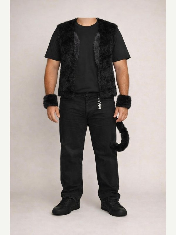 Men’s black cat B — AI-generated adult in the same base outfit with an open faux-fur vest, wrist cuffs and a clipped tail.