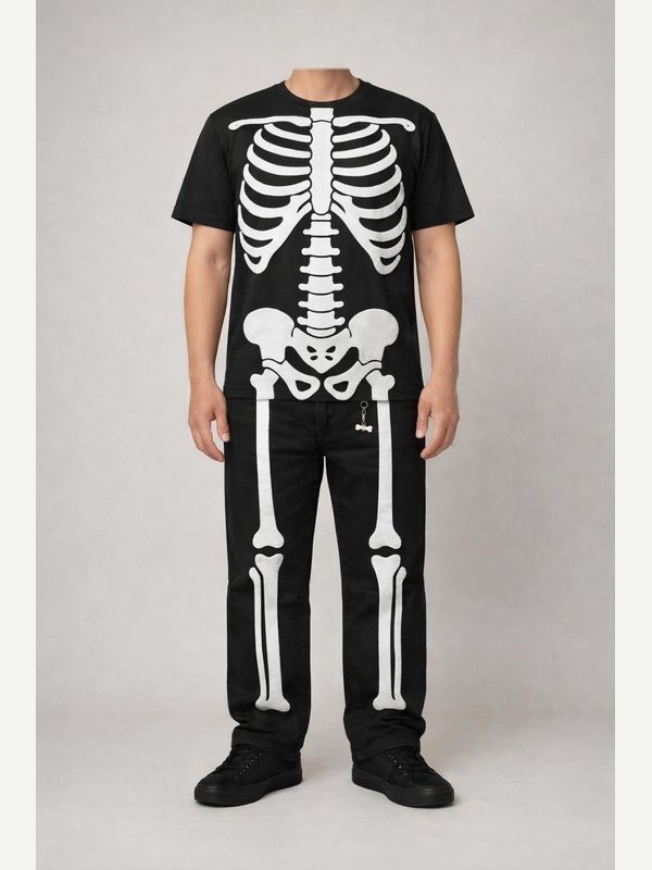 Skeleton B — AI-generated adult in the same base outfit with white felt ribcage, spine, pelvis and leg-bone appliques.