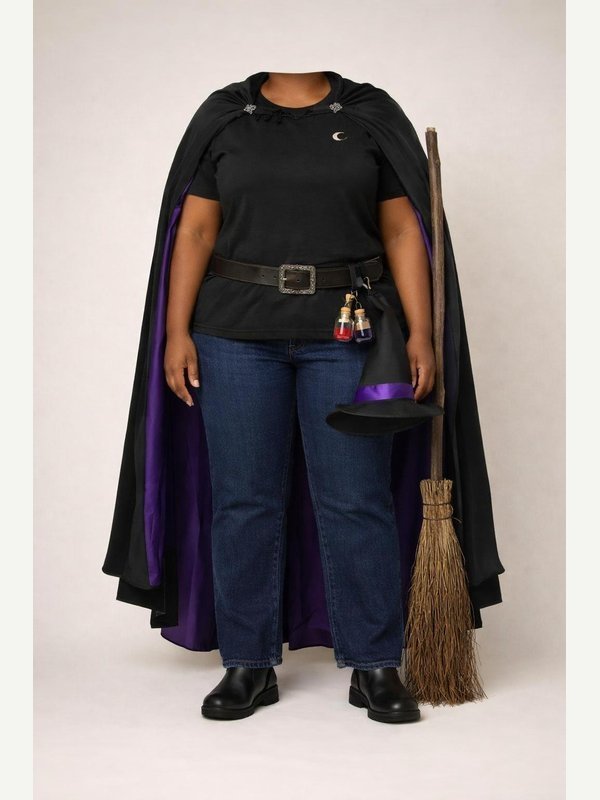 Witch B — AI-generated adult in the same base outfit with a purple-lined black cape, buckle belt, potion bottles, a hip-level pointed hat and broom.