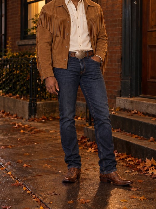 Example Halloween costume cropped below the face: a fringe suede jacket, cream shirt, jeans, belt and cowboy boots.