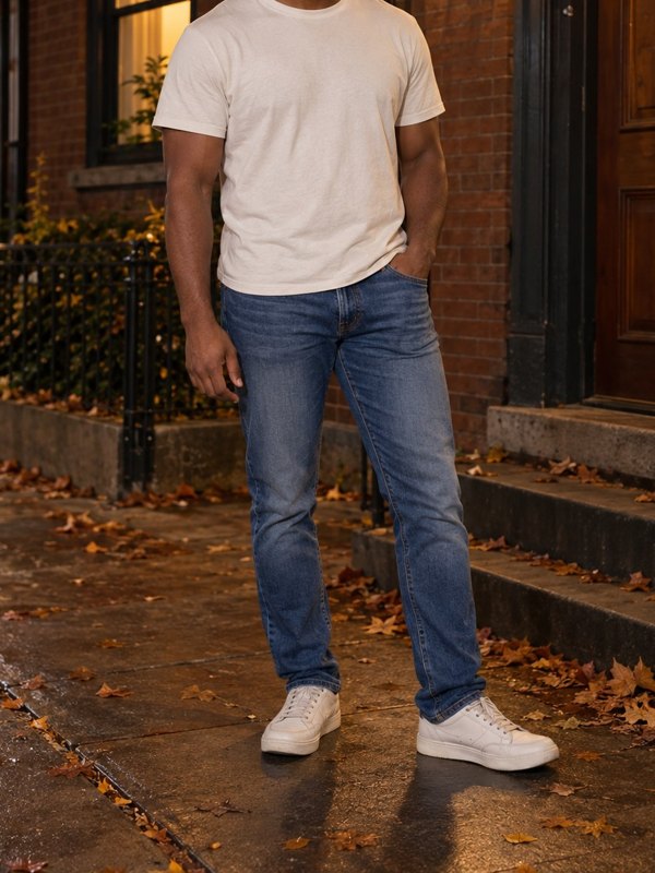 Example Halloween costume cropped below the face: a cowboy hat with a white T-shirt, jeans and sneakers.