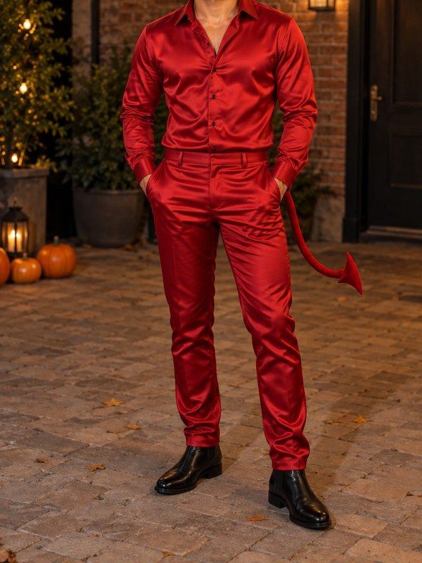 Example Halloween costume cropped below the face: a red satin shirt and trousers with horns and a tail.
