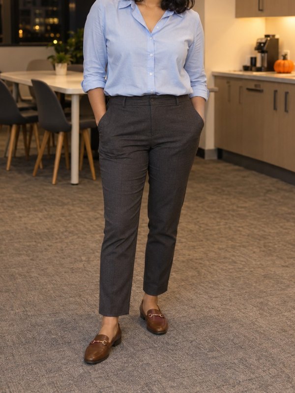 Example Halloween costume cropped below the face: cat ears with an office shirt, grey trousers and loafers.