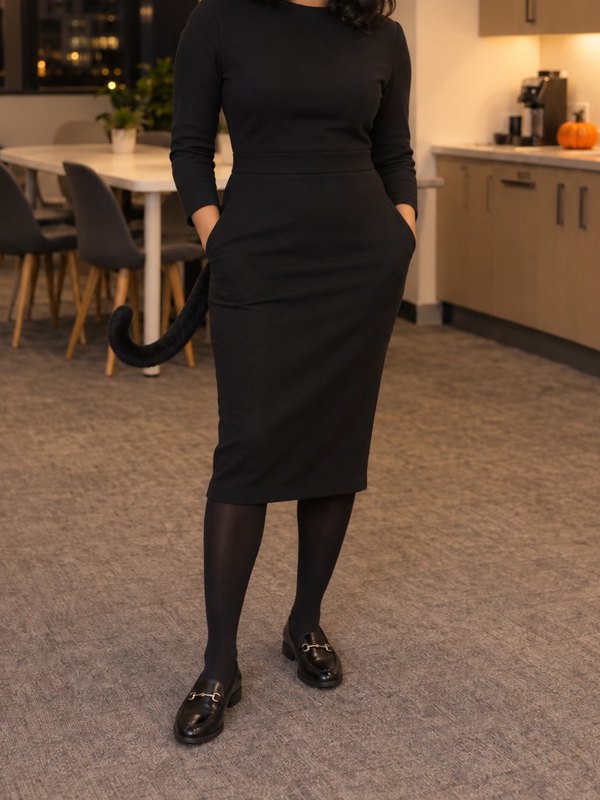 Example Halloween costume cropped below the face: a black office dress, tights, loafers, cat ears and tail.