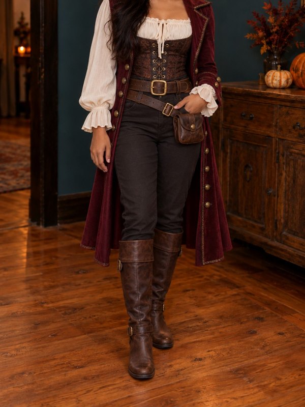 Example Halloween costume cropped below the face: a corset vest, billowy blouse, long coat, hat and knee boots.