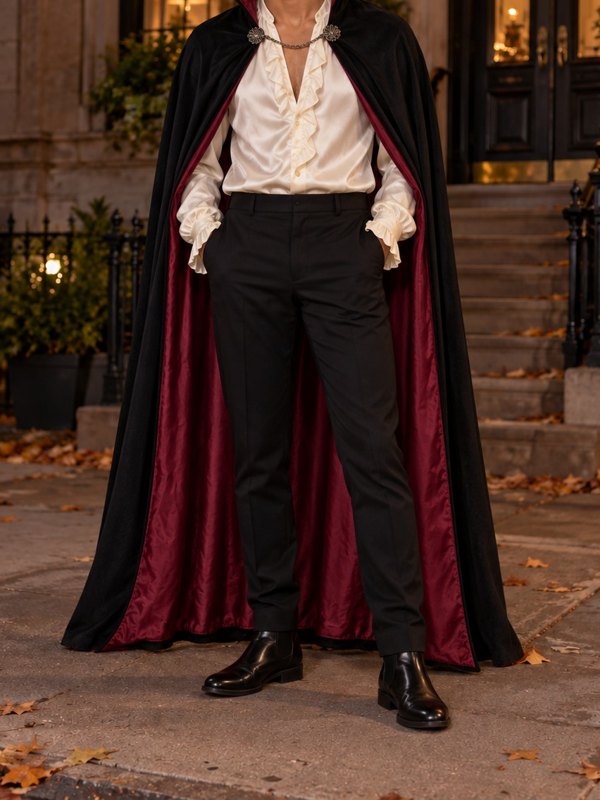 Example Halloween costume cropped below the face: a high-collar black and red cape, white ruffled shirt and black trousers.