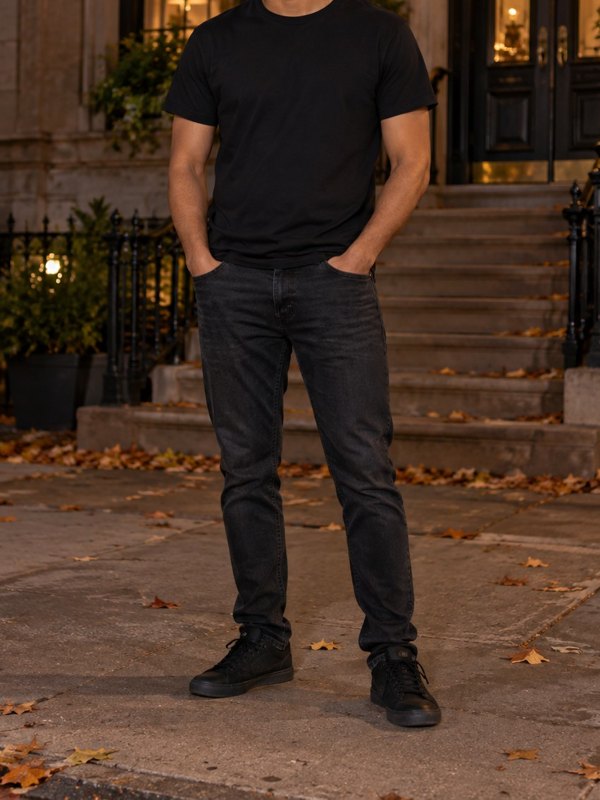 Example Halloween costume cropped below the face: a black T-shirt, black jeans, sneakers and plastic fangs.