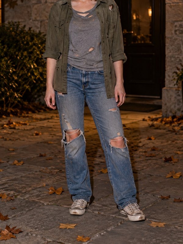 Example Halloween costume cropped below the face: ripped jeans and a grey tee with no costume makeup.