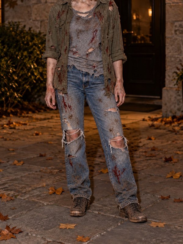 Example Halloween costume cropped below the face: a distressed jacket and torn jeans with zombie makeup.