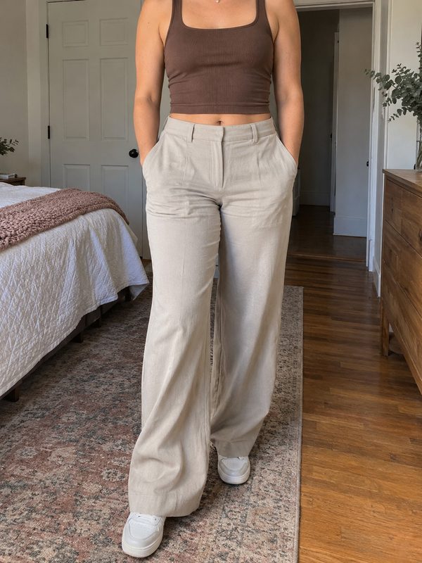 Example outfit cropped below the face: a brown ribbed crop top, wide-leg stone trousers and white sneakers.