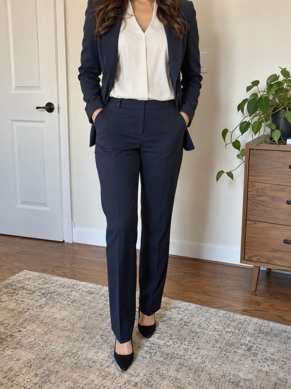 Example outfit cropped below the face: a navy blazer and trouser suit with a white blouse and black pointed pumps.