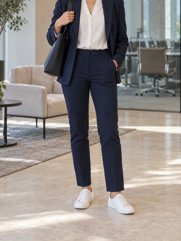 Example outfit cropped below the face: a navy pantsuit, white blouse and white sneakers with a black shoulder bag in an office lobby.
