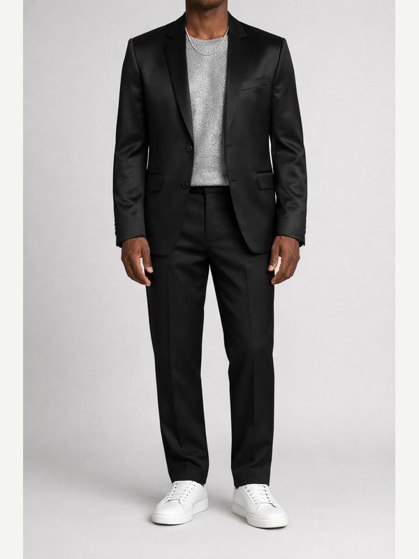 Black satin blazer over a silver shimmer top, tailored black trousers, clean minimal white leather sneakers and a silver necklace.