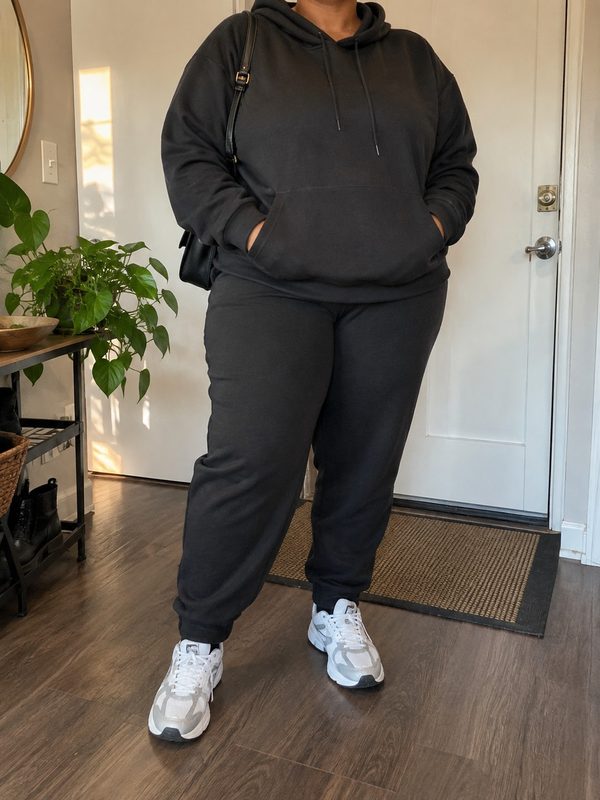 Example outfit cropped below the face: a black oversized hoodie, black joggers, grey running sneakers and a black shoulder bag.