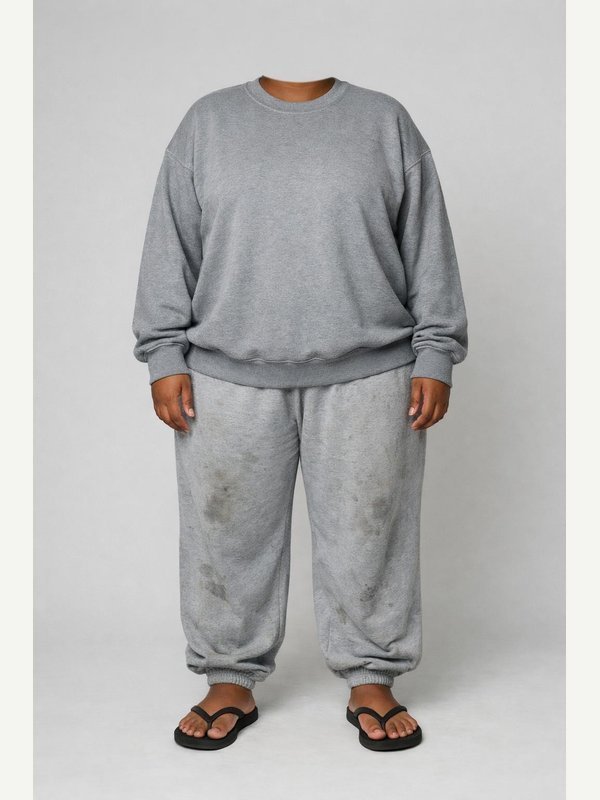 Oversized gray sweatshirt, baggy stained gray sweatpants and rubber flip-flops.