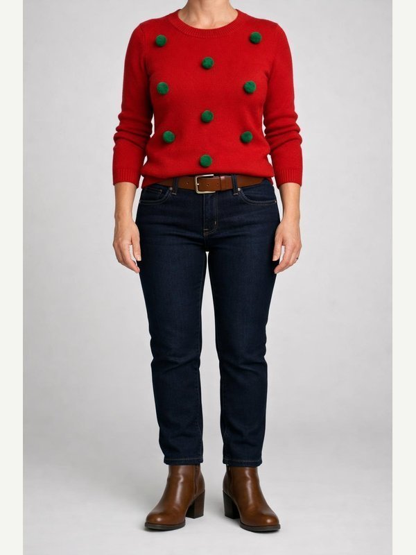 The same red novelty sweater with green pompom decorations, neatly fitted dark indigo jeans, brown ankle boots and a brown leather belt.