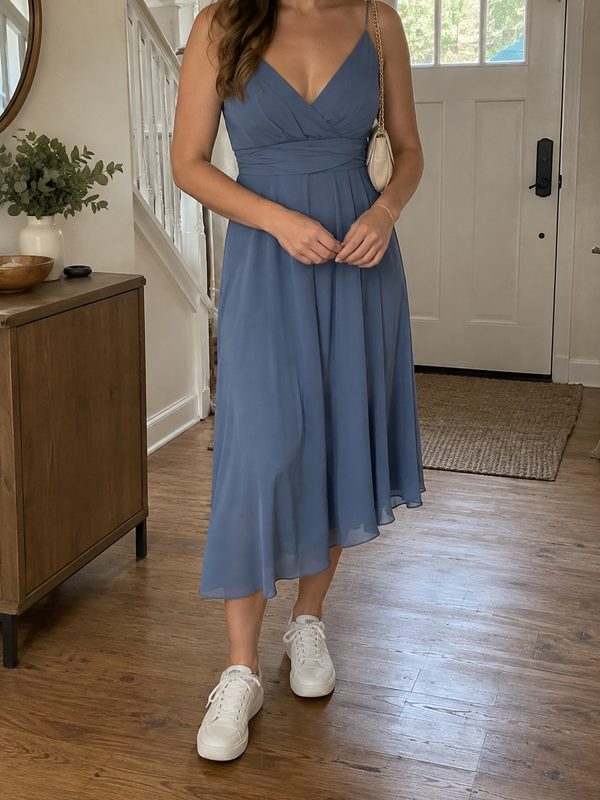 Example outfit cropped below the face: a dusty blue chiffon midi dress, cream shoulder bag and white sneakers.