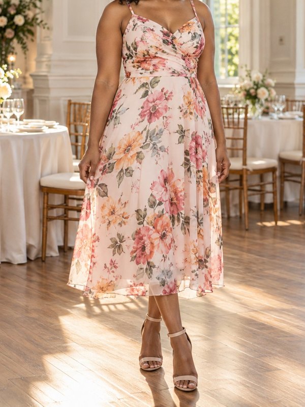 Example outfit cropped below the face: a pink floral midi dress with nude strappy heels at a wedding reception.