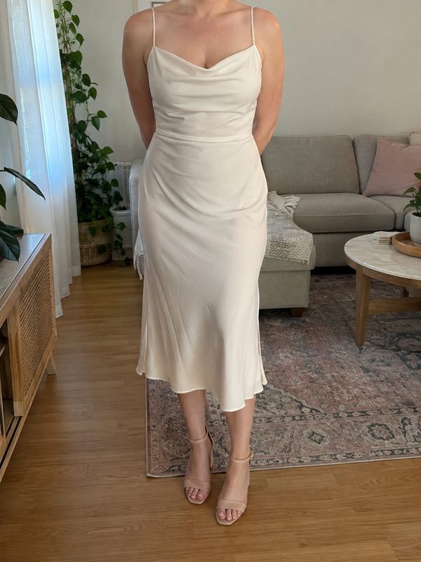 Example outfit cropped below the face: an ivory cowl-neck slip midi dress with nude ankle-strap heels.