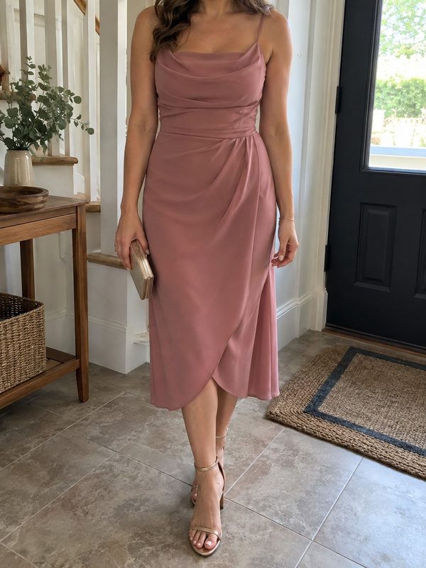 Example outfit cropped below the face: a dusty rose draped midi dress with gold strappy sandals and a clutch.