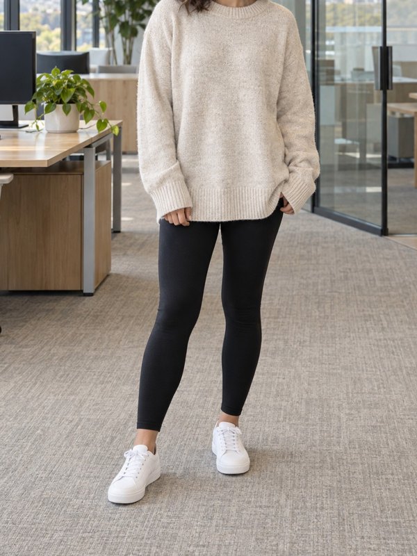Example outfit cropped below the face: an oatmeal sweater, black leggings and white sneakers in an office.