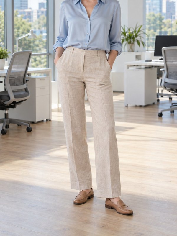 Example outfit cropped below the face: a light blue button-up shirt, beige linen trousers and loafers in an office.