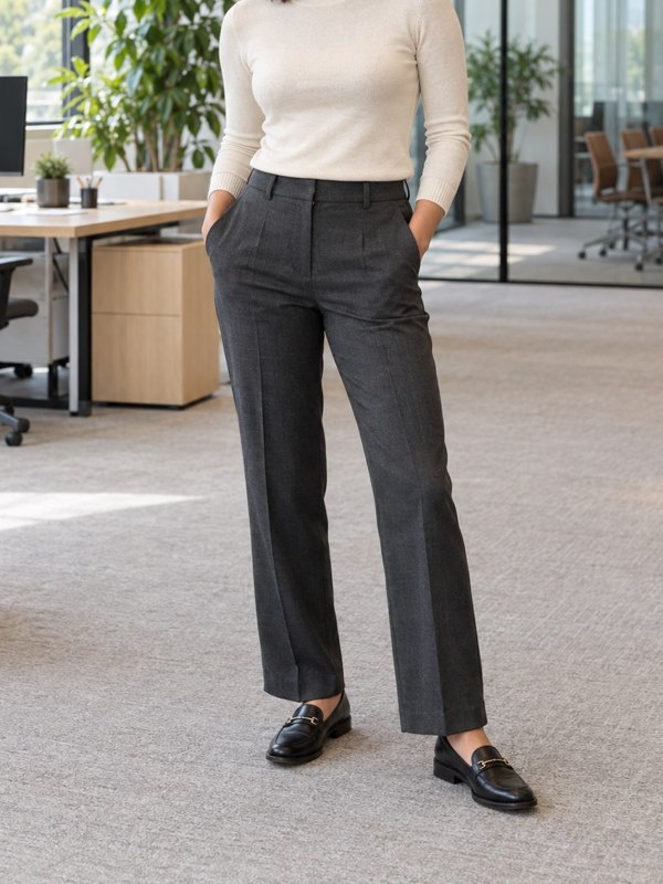 Example outfit cropped below the face: a cream knit top, charcoal tailored trousers and black loafers in an office.